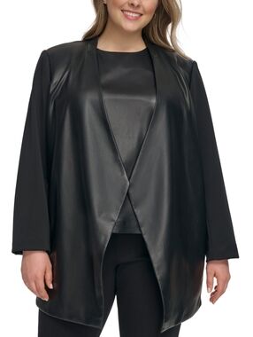 Calvin Klein Womens Plus Faux Leather Trim Evening Wear Open Front